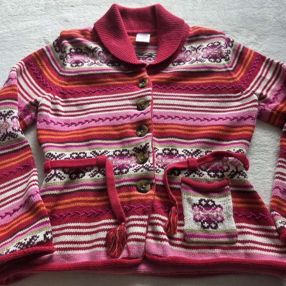 Vintage Gymboree Cardigan Sweater Fair Isle Striped Belted Girls Sz 7 Tight Knit